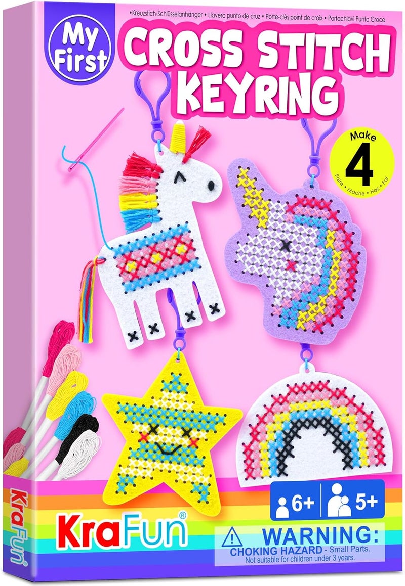 KRAFUN Cross Stitch Kits for Kids Beginners, 4 Unicorn Cross Stitching Keyrings Arts & Crafts, Needlepoint Embroidery Kit for Girls 5-13 Craft Kit Backpack Charms, Ornaments - Image 1